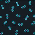 Line Dumbbell icon isolated seamless pattern on black background. Muscle lifting, fitness barbell, sports equipment