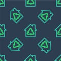 Line Eco House with recycling symbol icon isolated seamless pattern on blue background. Ecology home with recycle arrows Royalty Free Stock Photo