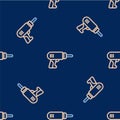 Line Electric drill machine icon isolated seamless pattern on blue background. Repair tool. Vector Royalty Free Stock Photo