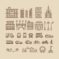 Line elements of city. Buildings, houses, trees, transport and bushes icons Royalty Free Stock Photo
