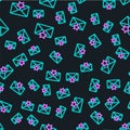 Line Envelope with star icon isolated seamless pattern on black background. Important email, add to favourite icon