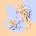 Line face art. Female beautiful portrait. Outline young woman head with blooming flowers. Pastel color abstract trendy