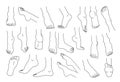 Line feet. Woman ankles and legs with heels and fingers. Beauty or medicine human body infographic elements. Spa skin