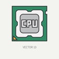 Line flat color vector computer part icon processor. Cartoon. Digital gaming and business office pc desktop device