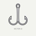Line flat color vector fisher and camping icon fishing hook. Fisherman equipment. Retro cartoon style. Holiday travel Royalty Free Stock Photo