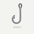 Line flat color vector fisher and camping icon fishing hook. Fisherman equipment. Retro cartoon style. Holiday travel Royalty Free Stock Photo