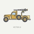 Line flat color vector icon armed open body army pickup. Military vehicle. Cartoon vintage style. Machine gun. Mobile