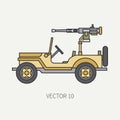 Line flat color vector icon armed open body army pickup. Military vehicle. Cartoon vintage style. Machine gun. Mobile