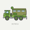 Line flat color vector icon armored wagon army truck. Military vehicle. Cartoon vintage style. Autonomous mobile command