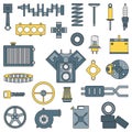 Line flat color vector icon car parts set with undercarriage end internal combustion engine elements. Industrial
