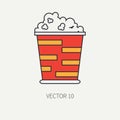 Line flat color vector icon elements of movie theater pop culture - popcorn bucket. Cartoon style. Cinema. Vector Royalty Free Stock Photo