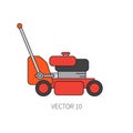 Line flat color vector icon garden tool - lawn mower. Cartoon style. Vector illustration and element for your design and Royalty Free Stock Photo