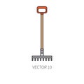 Line flat color vector icon garden tool - rake. Cartoon style. Vector illustration and element for your design and Royalty Free Stock Photo