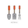 Line flat color vector icon garden tool - shovel and pitchfork. Cartoon style. Vector illustration and element for your Royalty Free Stock Photo