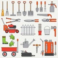 Line flat color vector icon garden tools set. Cartoon style. Vector illustration and element for your design and Royalty Free Stock Photo