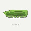 Line flat color vector icon infantry assault armored army truck. Military amphibious vehicle. Cartoon vintage style