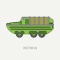 Line flat color vector icon infantry assault armored army truck. Military amphibious vehicle. Cartoon vintage style