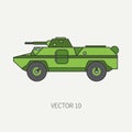 Line flat color vector icon infantry assault armored army truck. Military amphibious vehicle. Cartoon vintage style