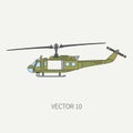 Line flat color vector icon military turboprop transportation helicopter. Army equipment and armament. Retro copter