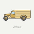 Line flat color vector icon service staff army van. Military all-terrain vehicle. Cartoon vintage style. Cargo