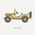 Line flat color vector icon service staff open body army car. Military vehicle. Cartoon vintage style. Cargo