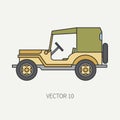 Line flat color vector icon service staff tarpaulin body army car. Military vehicle. Cartoon vintage style. Cargo