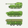 Line flat color vector icon set infantry assault army tank. Military vehicle. Cartoon vintage style. Soldiers. Armored