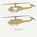 Line flat color vector icon set military turboprop transportation helicopter. Army equipment and armament. Retro copter