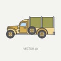 Line flat color vector icon tarpaulin wagon army truck. Military vehicle. Cartoon vintage style. Cargo and soldiers