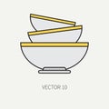 Line flat color vector kitchenware icons - bowl, dish. Cutlery tools. Cartoon style. Illustration and element for your