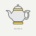 Line flat color vector kitchenware icons - teapot. Cutlery tools. Cartoon style. Illustration and element for your Royalty Free Stock Photo