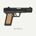 Line flat color vector military icon handgun, pistol. Army equipment and armament. Legendary retro weapon. Cartoon style