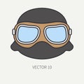 Line flat color vector motorcycle icon helmet, glasses. Legendary retro. Cartoon style. Biker motoclub. Equipment