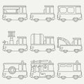 Line flat monochrome vector icon set cute retro city auto . Emergency assistance vehicle. Cartoon style. Urban truck