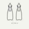 Line flat plain vector diver underwater equipment icon rubber flippers. Retro style. Ocean, sea beach. Snorkeling