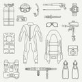 Line flat plain vector diver underwater equipment icon set. Retro. Cartoon style. Ocean, sea beach. Snorkeling. Summer