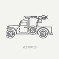 Line flat plain vector icon armed open body army pickup. Military vehicle. Cartoon vintage style. Machine gun. Mobile