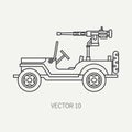 Line flat plain vector icon armed open body army pickup. Military vehicle. Cartoon vintage style. Machine gun. Mobile