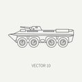 Line flat plain vector icon infantry assault armored army truck. Military amphibious vehicle. Cartoon vintage style