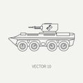 Line flat plain vector icon infantry assault armored army truck. Military amphibious vehicle. Cartoon vintage style