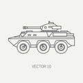 Line flat plain vector icon infantry assault armored army truck. Military vehicle. Cartoon vintage style. Soldiers. Tank