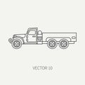 Line flat plain vector icon service staff open body army truck. Military vehicle. Cartoon vintage style. Cargo Royalty Free Stock Photo