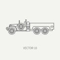 Line flat plain vector icon service staff open body army truck. Military vehicle. Cartoon vintage style. Cargo Royalty Free Stock Photo