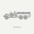 Line flat plain vector icon service staff open body army truck. Military vehicle. Cartoon vintage style. Cargo Royalty Free Stock Photo