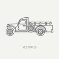 Line flat plain vector icon service staff open body army truck. Military vehicle. Cartoon vintage style. Cargo Royalty Free Stock Photo