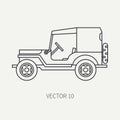 Line flat plain vector icon service staff tarpaulin body army car. Military vehicle. Cartoon vintage style. Cargo