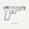 Line flat plain vector military icon handgun, pistol. Army equipment and armament. Legendary retro weapon. Cartoon style