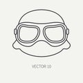 Line flat plain vector motorcycle icon helmet, glasses. Legendary retro. Cartoon style. Biker motoclub. Equipment