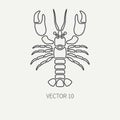 Line flat plain vector ocean fauna icon - lobster. Simplified retro. Cartoon style. Cancer. Omar. Seafood delicacy