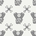 Line seamless pattern vector motorcycle classic bike v power motor, wrench. Legendary retro. Cartoon. Biker motoclub